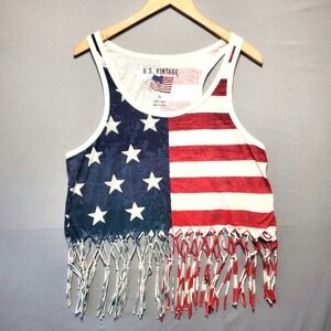 NWT US Vintage Tank Top Womens XL USA Flag Fringe Crop Cotton Patriotic Festival